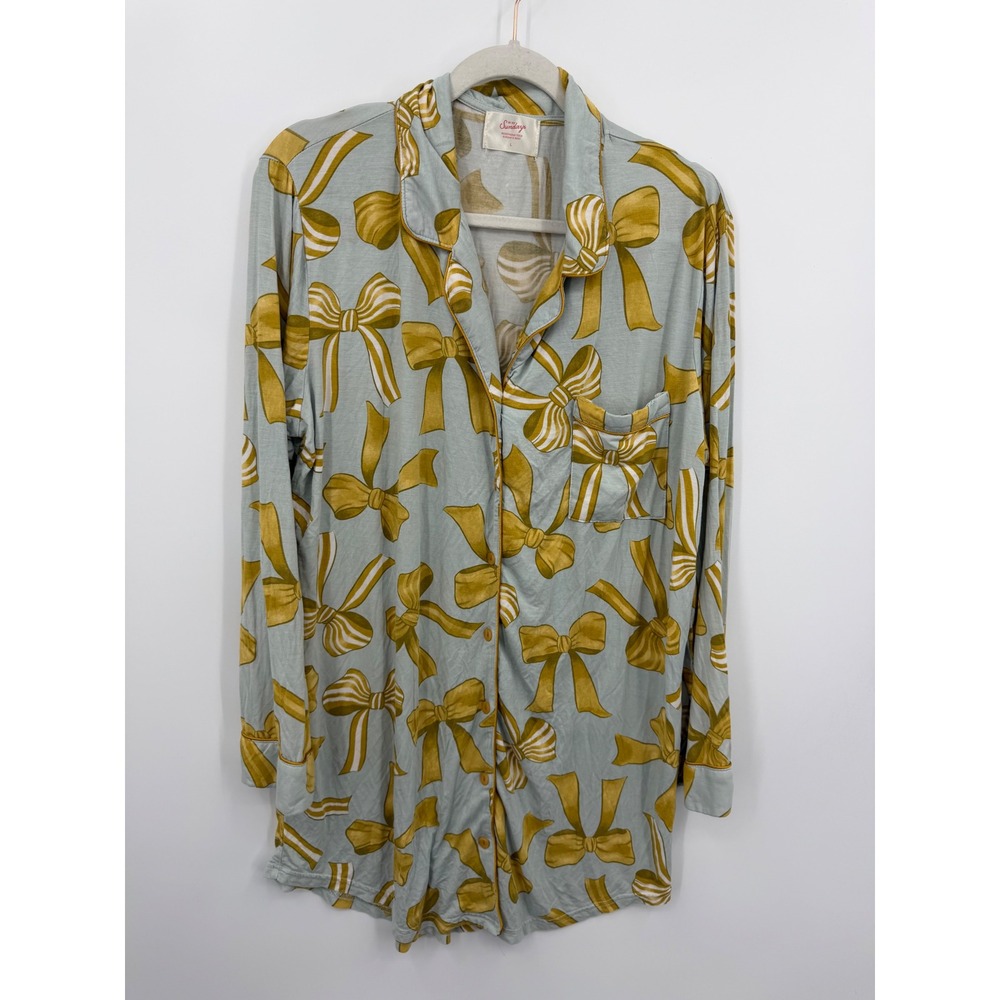 In My Sundays gold Bow Print Sleep Shirt Women L Blue Tencel Long Sleeve Nighty